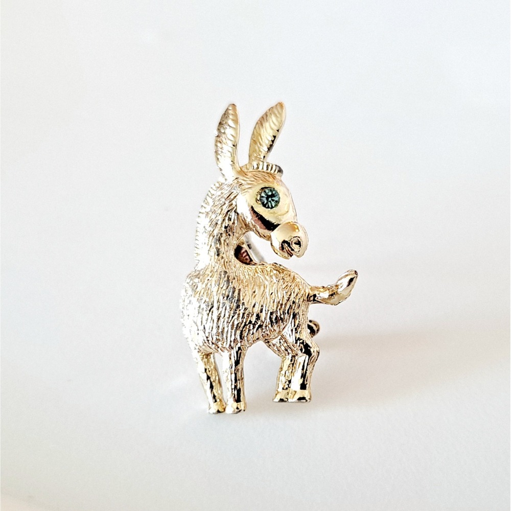Vintage Gold Tone Donkey Brooch Blue Rhinestone Eye Animal Pin Whimsical Jewelry